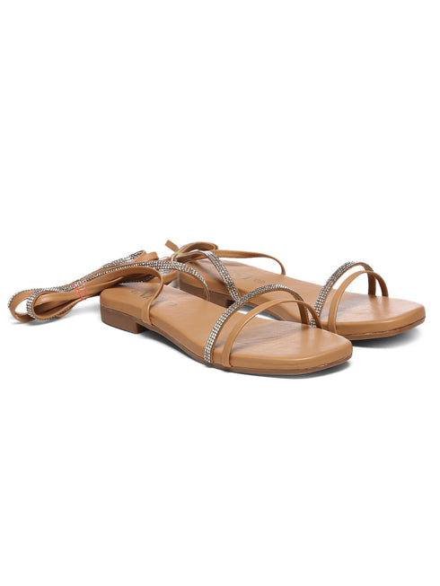 GNIST Beige Embellished Tie up Flat Sandal